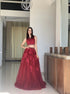 A Line Two Pieces Scoop Burgundy Tulle Appliques Prom Dress LBQ3649